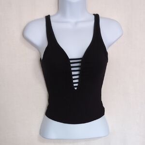 Emma + Sam Black Ribbed Stretch Cropped Tank Strappy Front Size Extra Small